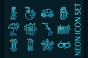 Hawaii Set Icons. Blue Glowing Neon