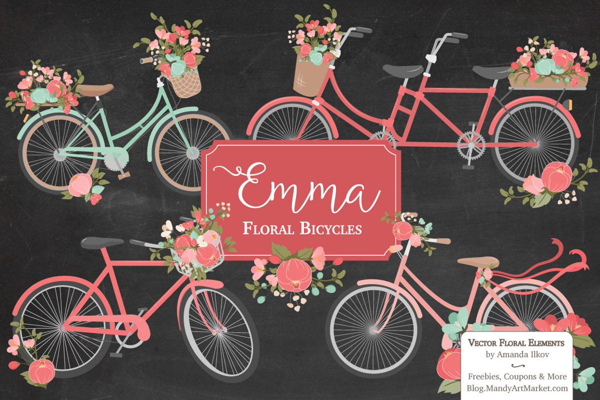 Mint & Coral Floral Bicycles, an Illustration by Amanda Ilkov (Photo 2 of 5)