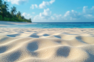 Idyllic sandy beach with gentle waves and clear blue sky, evoking a peaceful an, a Background Photo by ImageMir
