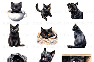 Watercolor Black Cat Clipart, Kitten