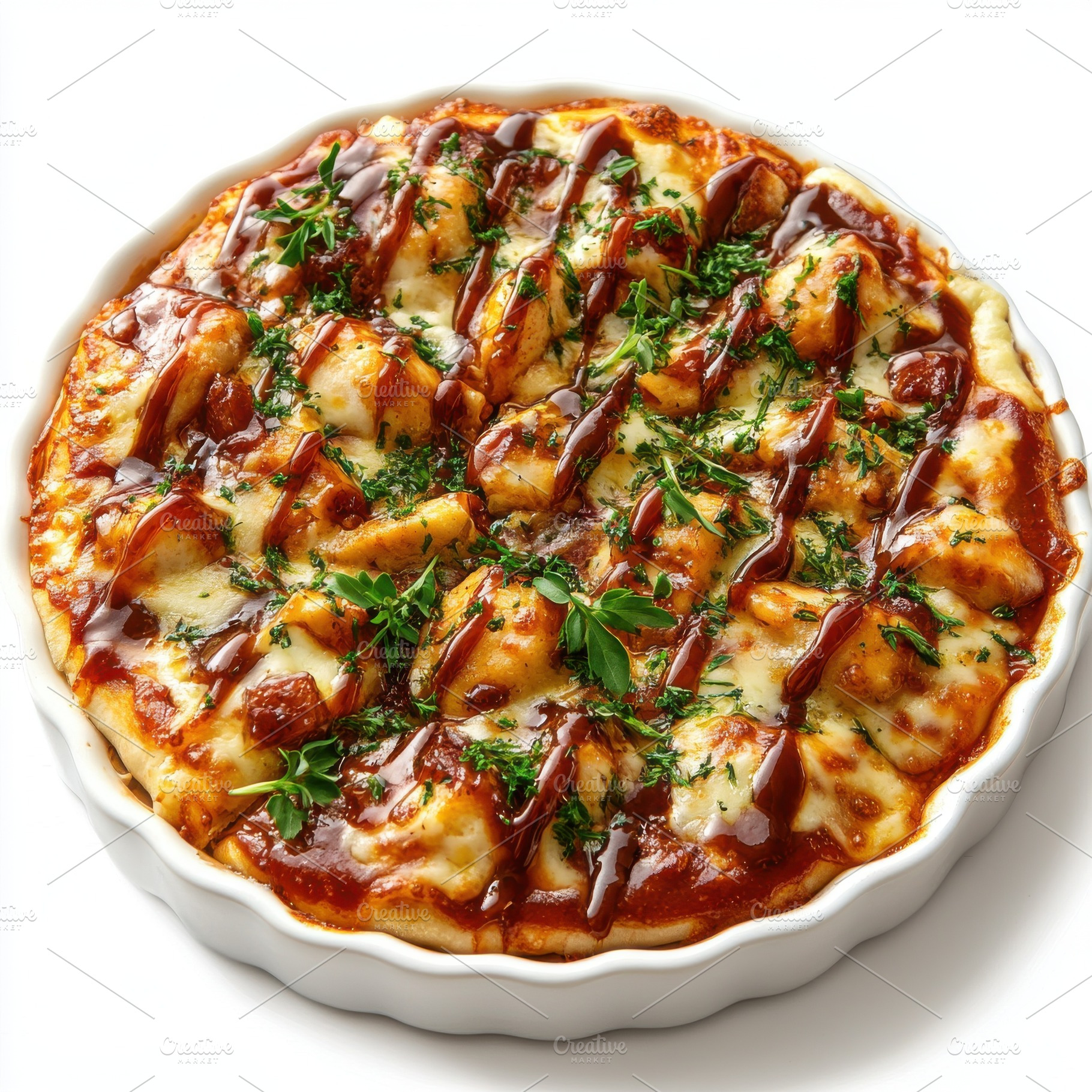 BBQ pizza with red onion, green bell, a Food & Drink Photo by Pixeness Studio