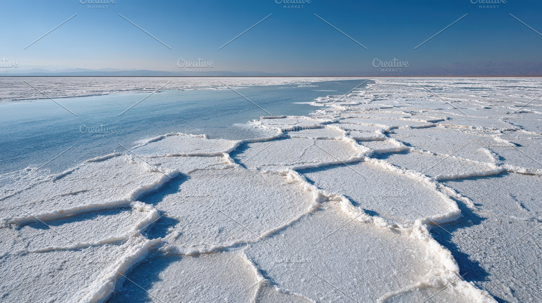 Frozen salt flat with blue water channel, a Nature Photo by AlyaAnd