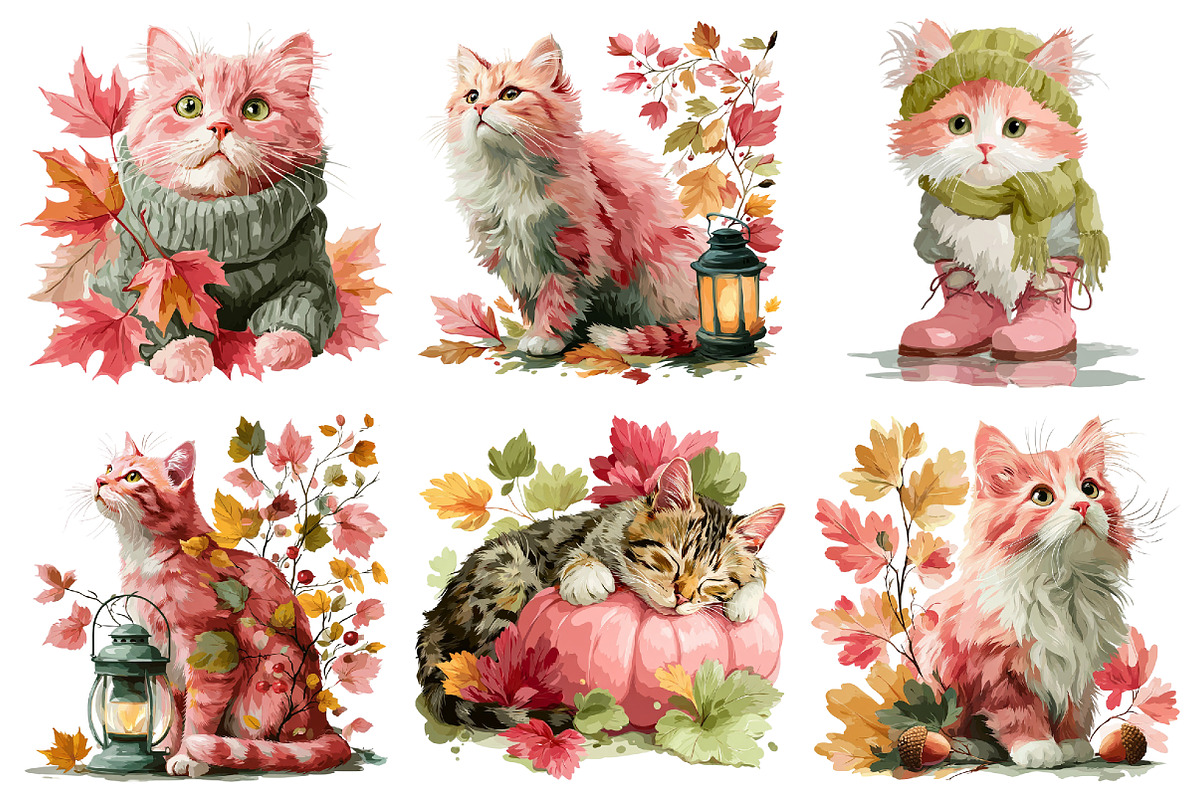 Watercolor Autumn Cat Clipart, a Seasonal Illustration by Daily.Designs (Photo 5 of 5)