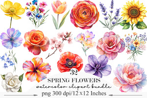 Watercolor Spring Flowers Clipart, an Illustration by Designking