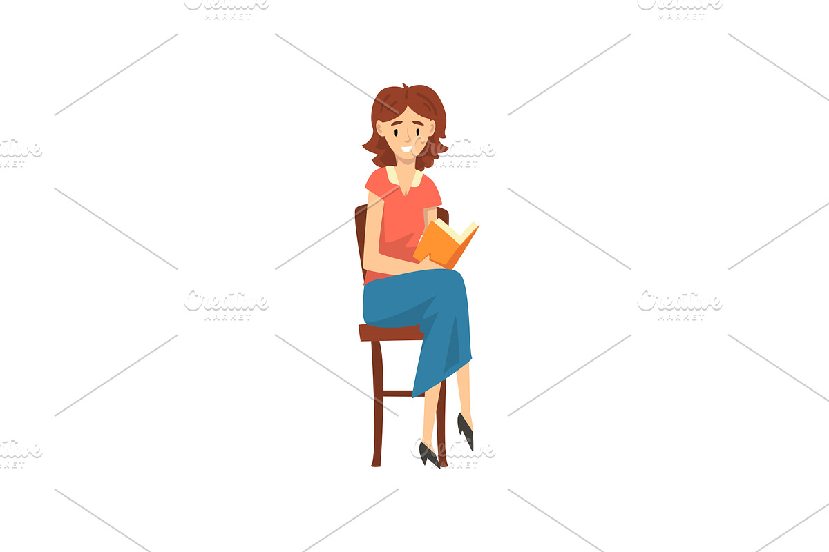 Cheerful Female Teacher Sitting on, a Person Illustration by TopVectors