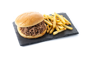 Traditional sloppy joe sandwich with french fries on wooden tabl, a Food & Drink Photo by etorres69