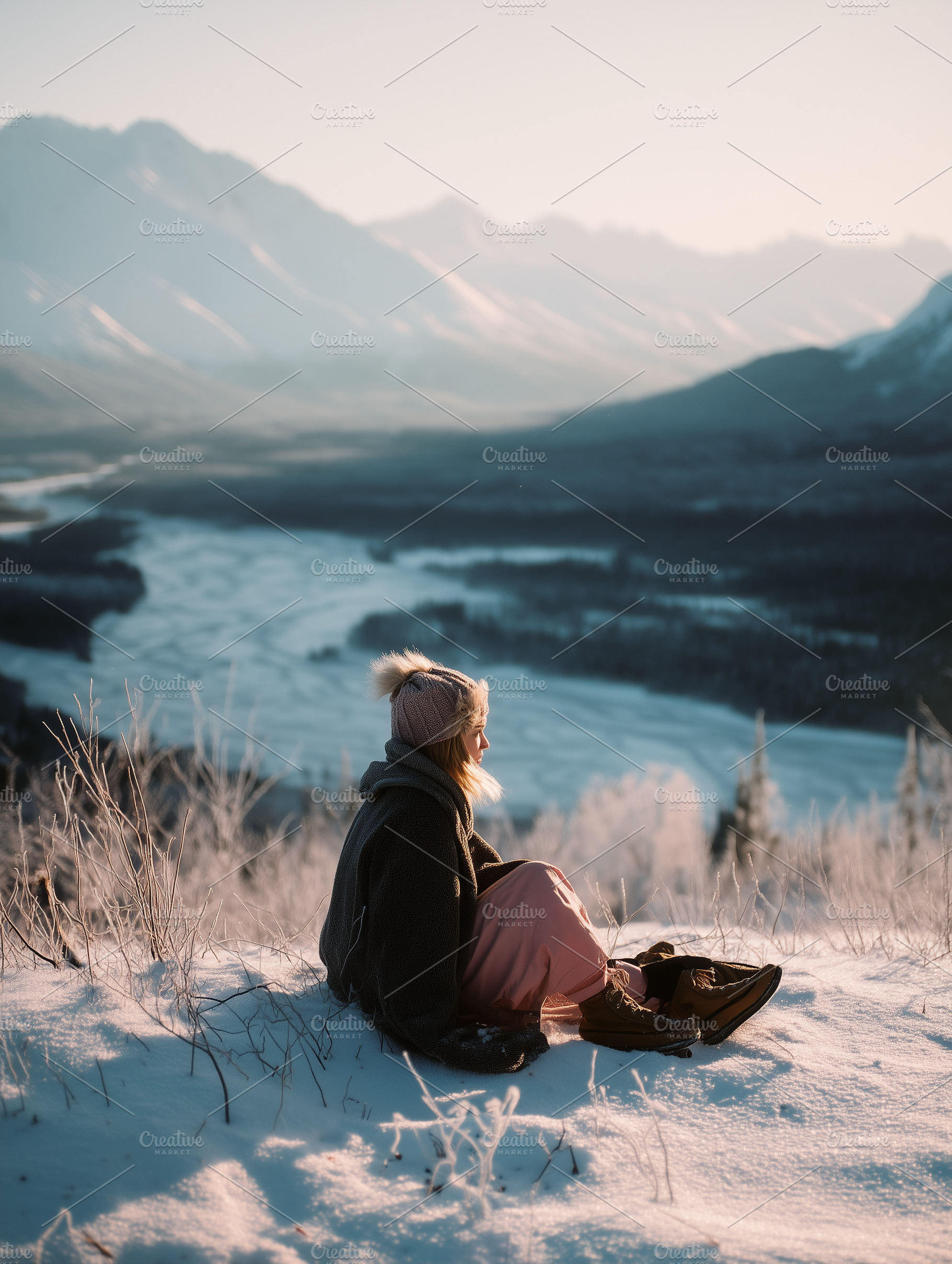 Girl Sitting in Snow Above River, a Person Photo by k.tay