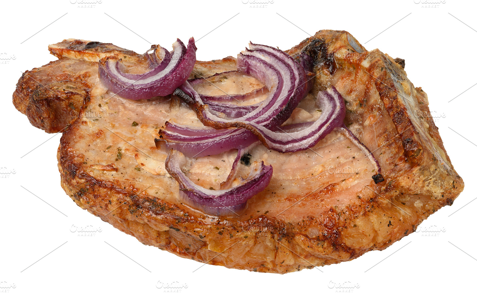 Baked pork entrecote on the bone with a golden crust, seasoned w, a Food & Drink Photo by ndanko