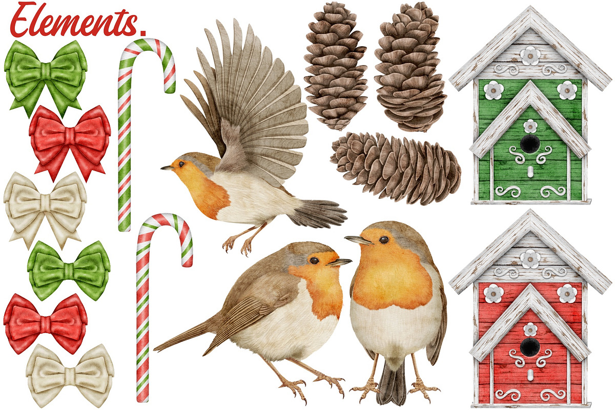 Christmas Robins watercolors, a Seasonal Illustration by Happy Sloth Graphics (Photo 6 of 19)