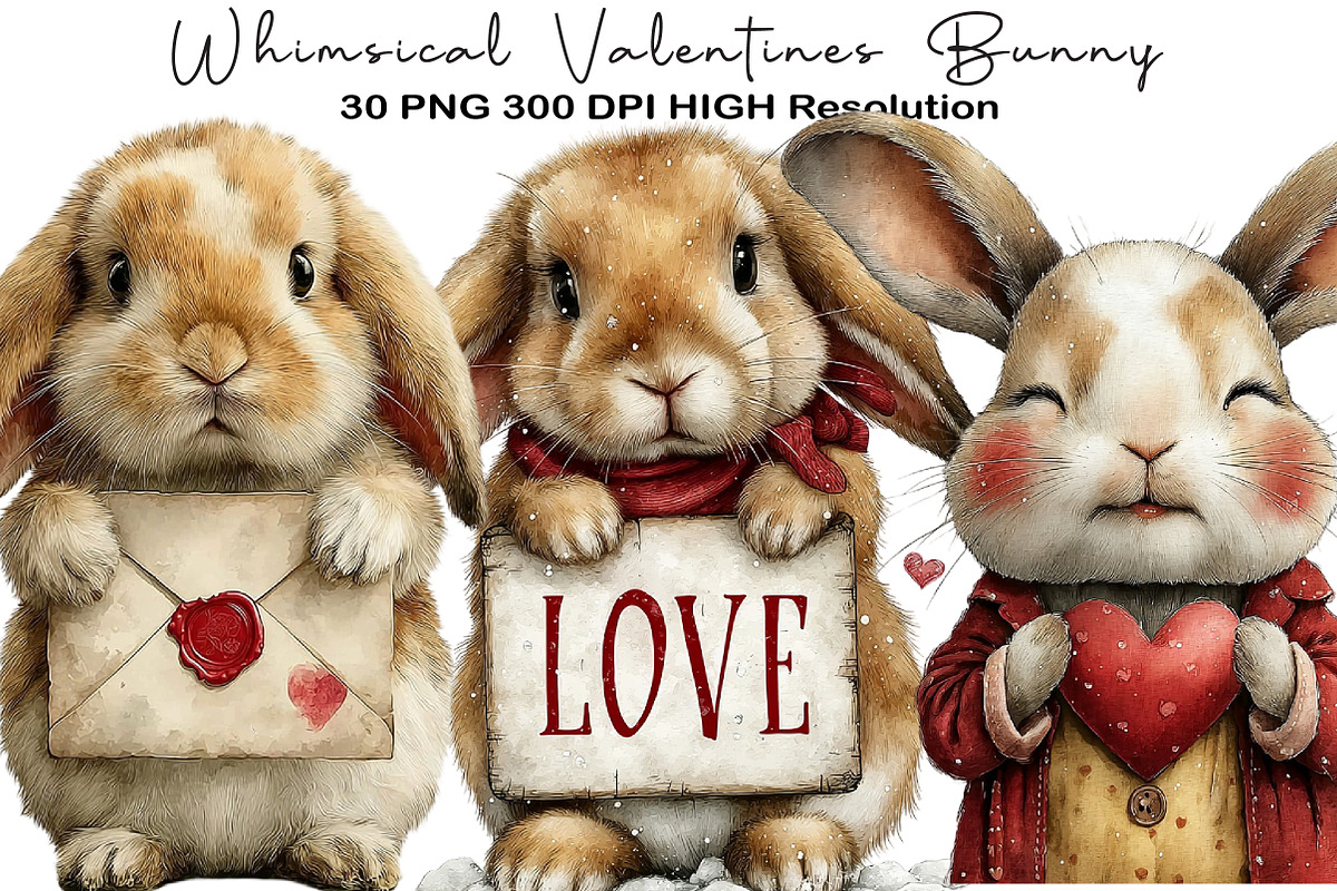 Whimsical Valentines Bunny Clipart, an Illustration by Black Bird Studio (Photo 1 of 6)