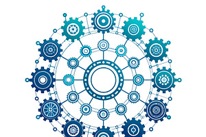 Interconnected gear shapes and AI chip symbols forming a circula, a Technology Illustration by DanFLCreativo