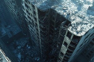 Destroyed apartment building after drone attack, military missile strike, an Architecture Photo by AlyaAnd