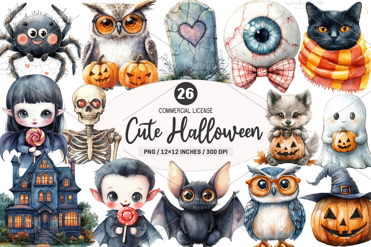 Watercolor Cute Halloween Clipart, an Illustration by SinaCreation (Photo 1 of 5)