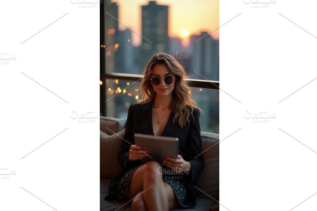 Stylish woman in sunglasses using a, an Illustration by tilialucida