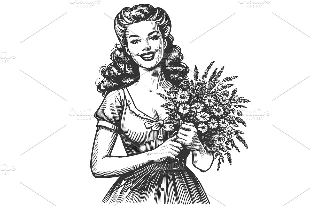 Woman with Wildflower Bouquet vector, a Person Illustration by AlexArt