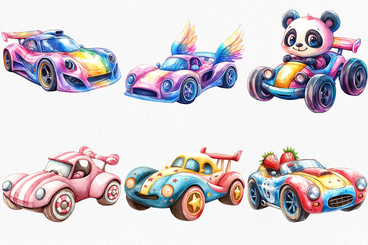 Watercolor Kawaii Race Car Clipart, an Illustration by Canvas Craft (Photo 4 of 8)