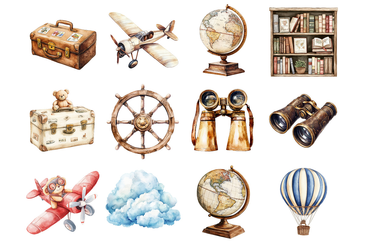 Watercolor Vintage Travel Clipart, a Seasonal Illustration by CitraGraphics (Photo 2 of 4)