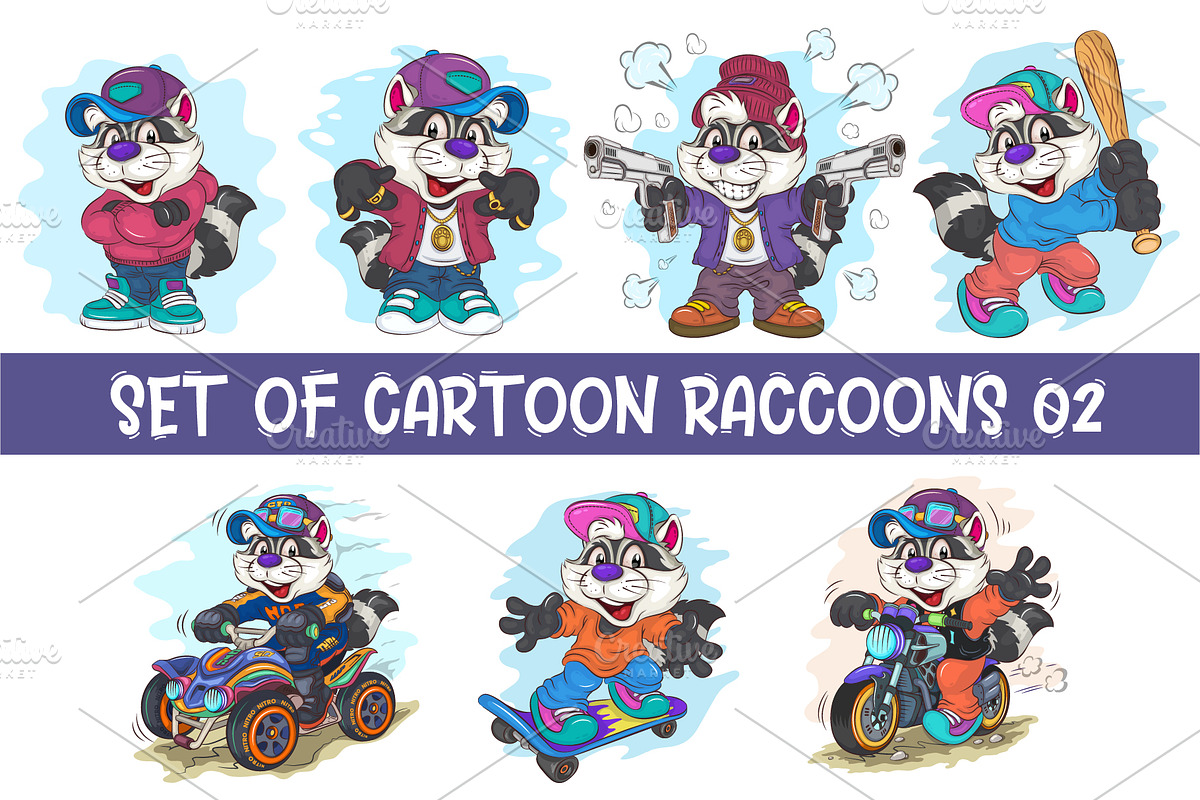 Set of Cartoon Raccoons 02. T-Shirt., an Animal Illustration by KENO Mascots (Photo 1 of 8)