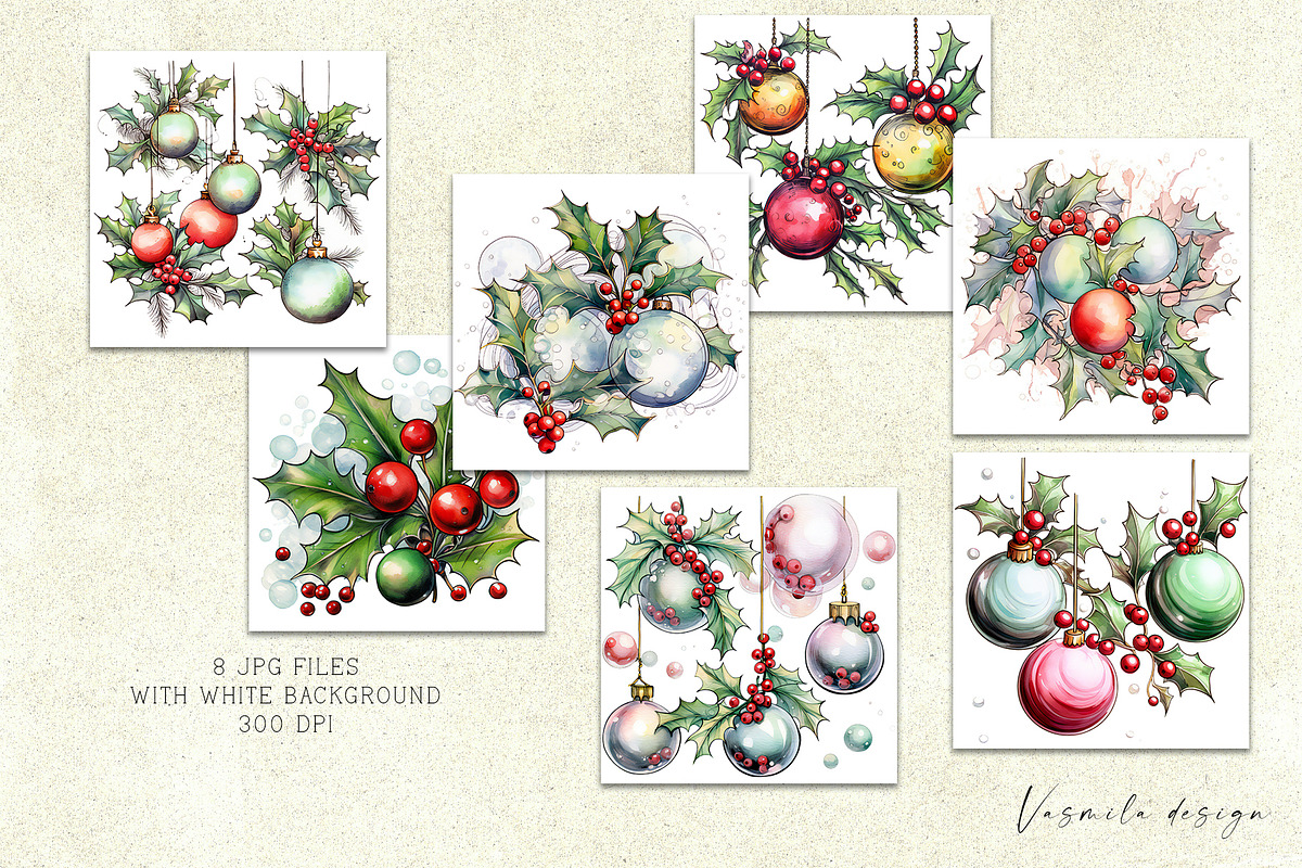 Christmas Holly and Baubles, a Decorative Illustration by Vasmila (Photo 6 of 7)