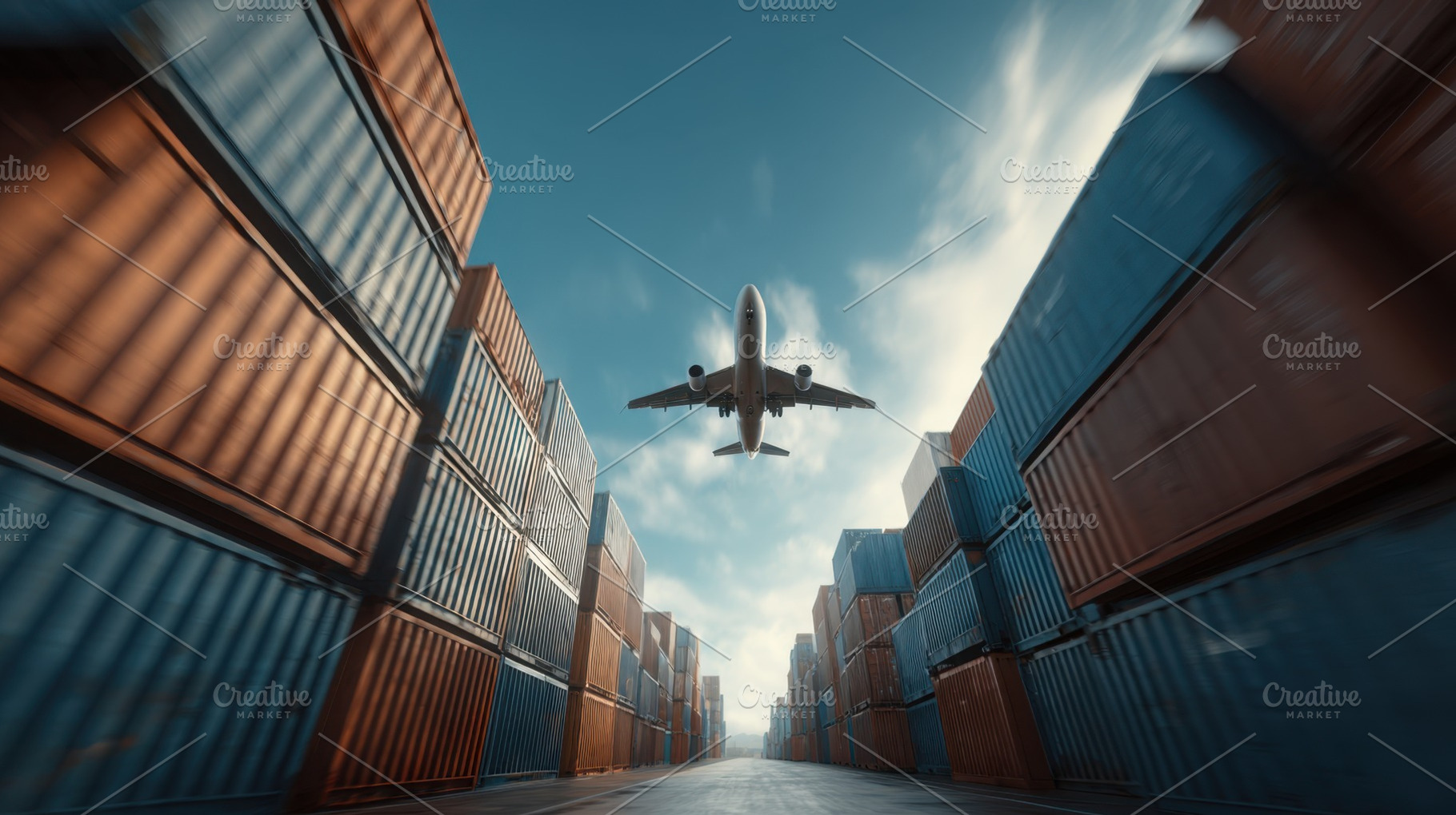 Plane over shipping crates, a Photo by Beautiful things
