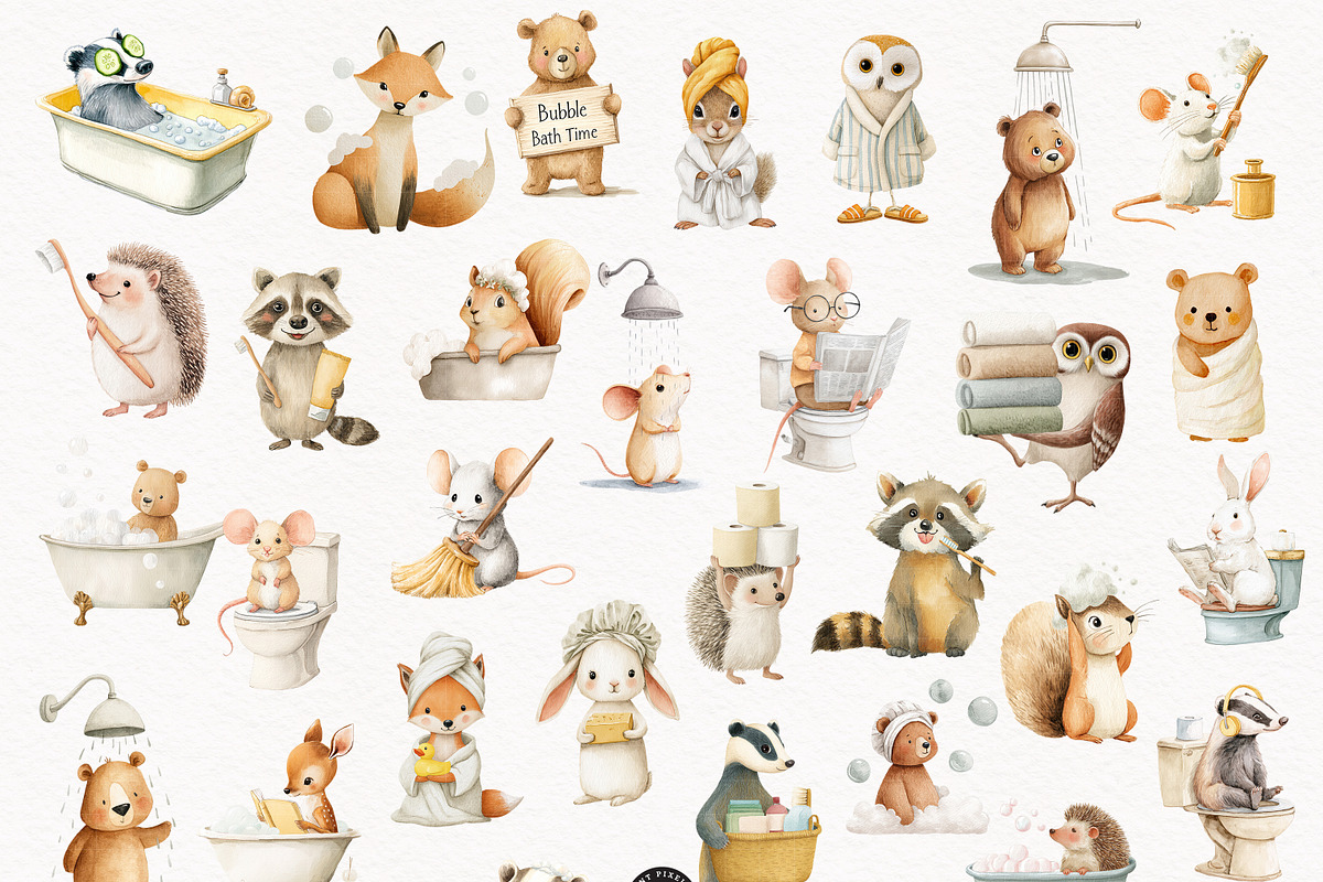 Cute Bath time Clipart- Woodland PNG, an Animal Illustration by PaintPixelCo (Photo 7 of 14)