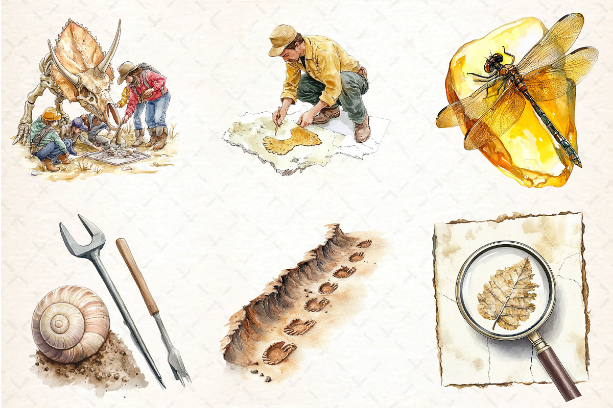 Fossil Explorers Watercolor Clipart, an Illustration by DreamCafeArt (Photo 2 of 6)