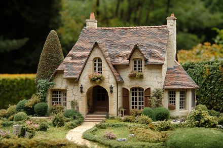 A charming Country French house style miniature house with a sloped roof, surro, an Architecture Photo by Textures & Backgrounds