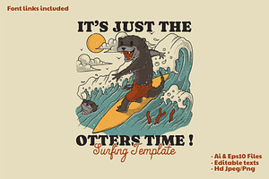 otters mascot surfing at the beach, a Branding & Logo Template by Judsart
