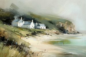 Oil style fine art coastal painting of the English coast, romant, a Decorative Illustration by Studio ANNA