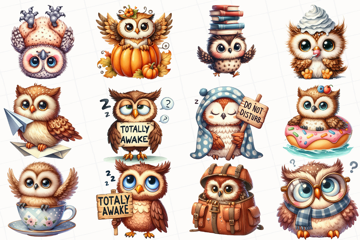 Watercolor Funny Owl Clipart, an Illustration by OK Design (Photo 2 of 5)