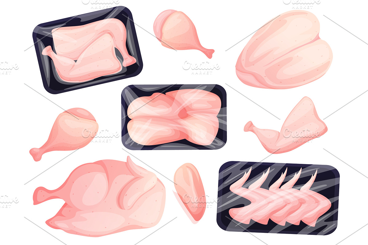 Chicken parts. Cartoon plastic trays, a Food Illustration by LadadikArt