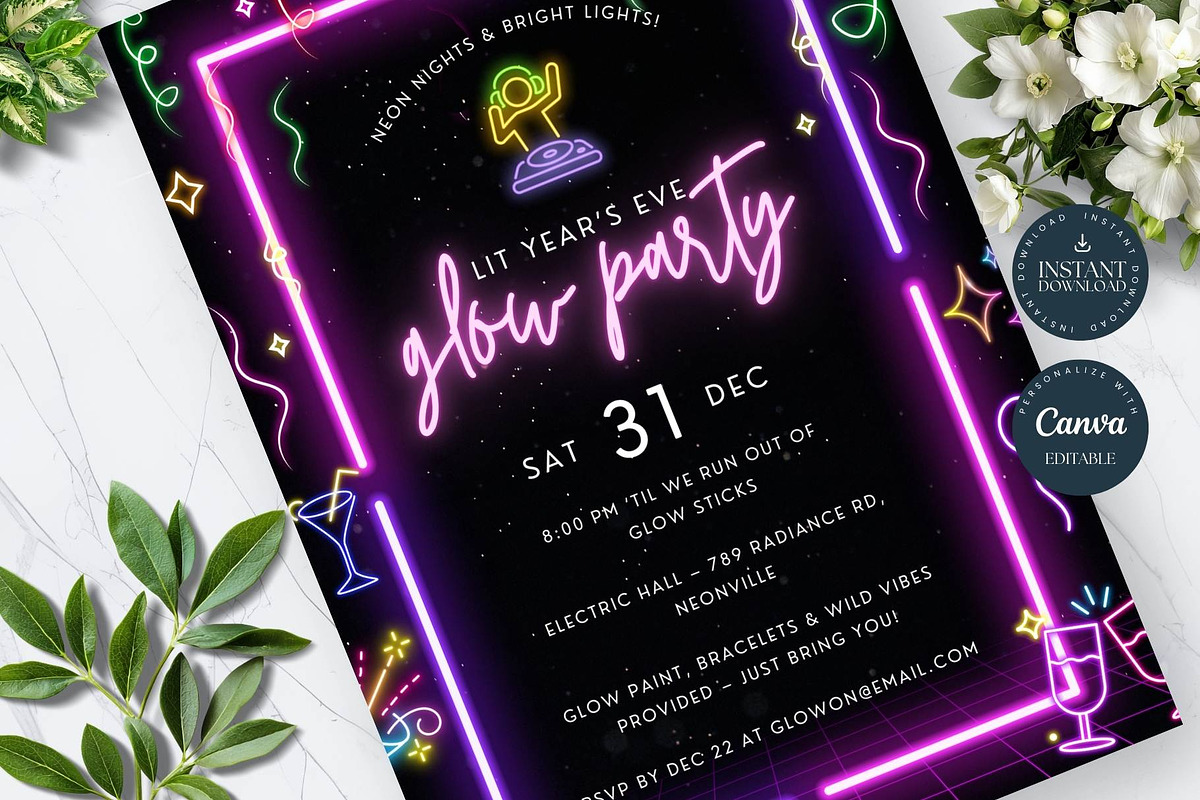Editable Glow Party Invitation, an Invitation Template by Tracia Creative (Photo 3 of 6)