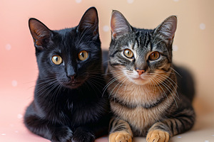 Two adorable cats lounging together, one black with striking yellow eyes and on, an Animal Photo by ImageMir