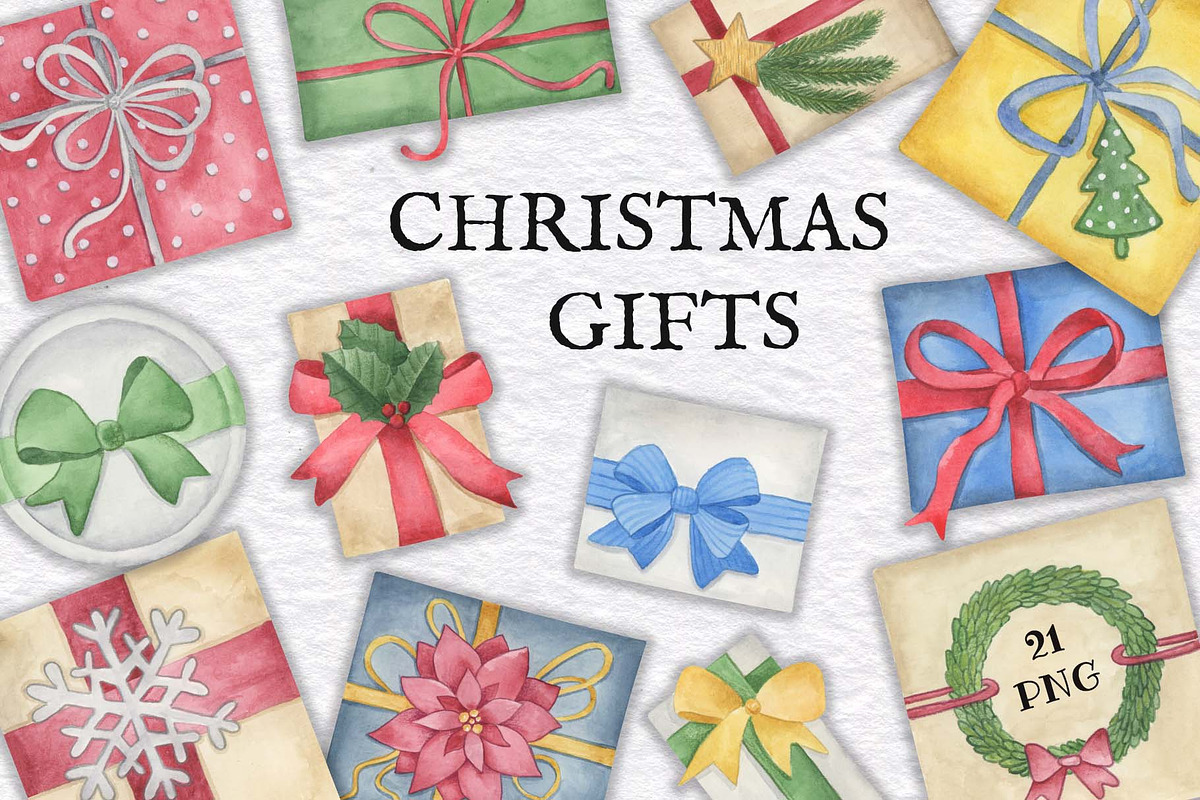 Christmas Gifts Watercolor Clipart, a Decorative Illustration by KathrineWatercolor (Photo 1 of 4)