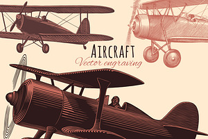 Set Aircraft. Vector engraving.
