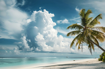 Sky with cloud,  sea and white sand, a Nature Photo by Imaginarium