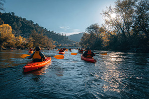 Group of people paddling in kayaks, a Photo by Pavel_design