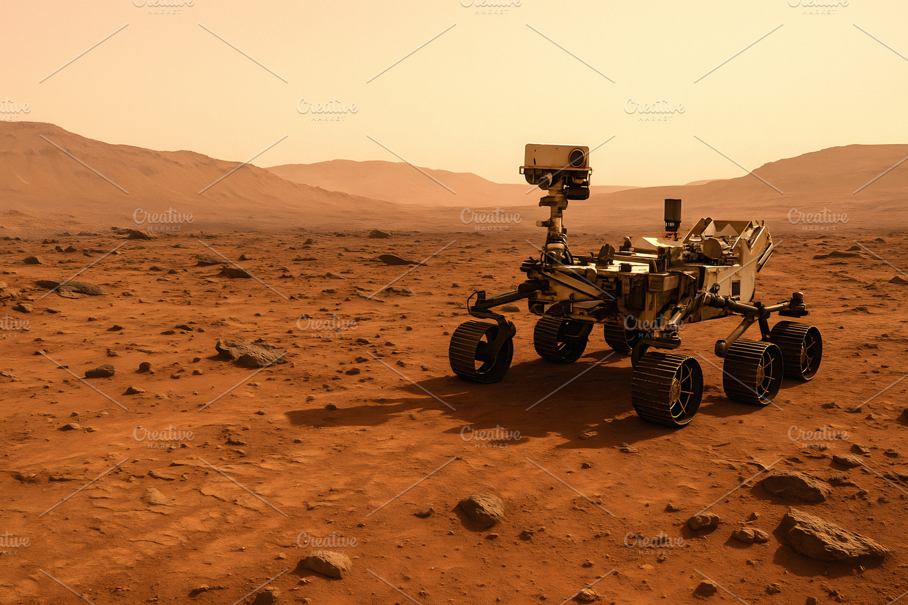 Mars rover exploring barren desert surface with rocky horizon, a Nature Photo by GoodGoods