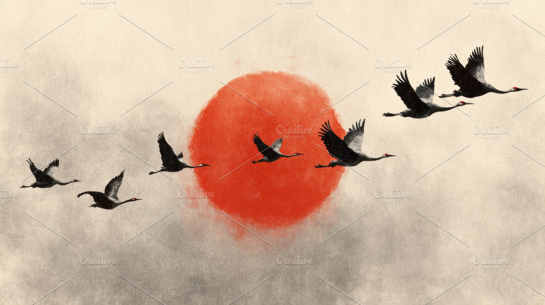 Cranes flying against a red sun, a Photo by Beautiful things