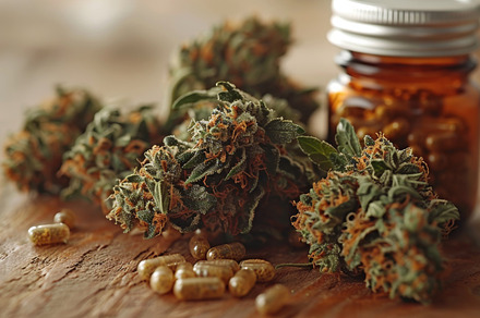 Close-up of medical marijuana buds and capsules on wooden table, a Photo by AS photostudio