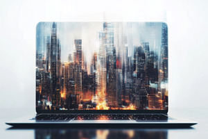 Laptop with Blurred City Reflection on White Background, an Abstract Photo by Natalia Klenova's Shop