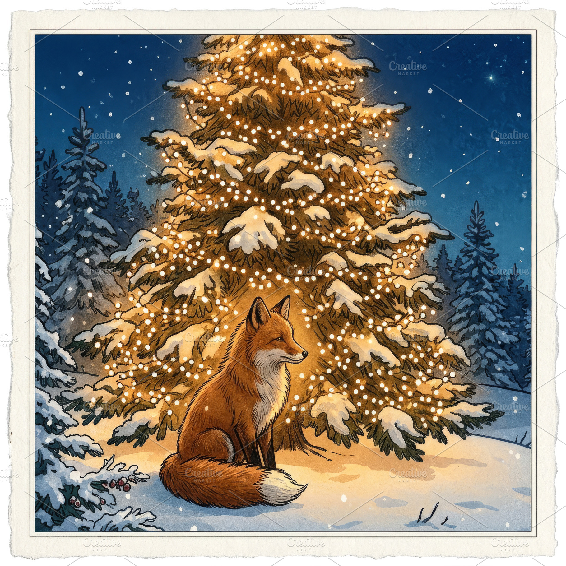 illustration of a red fox sitting in the snow beneath a large, i, a Holiday Photo by Imaginarium