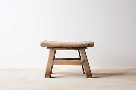 Old low Chinese wooden stool in an empty room with white wall an, an Arts & Entertainment Photo by Studio Light & Shade