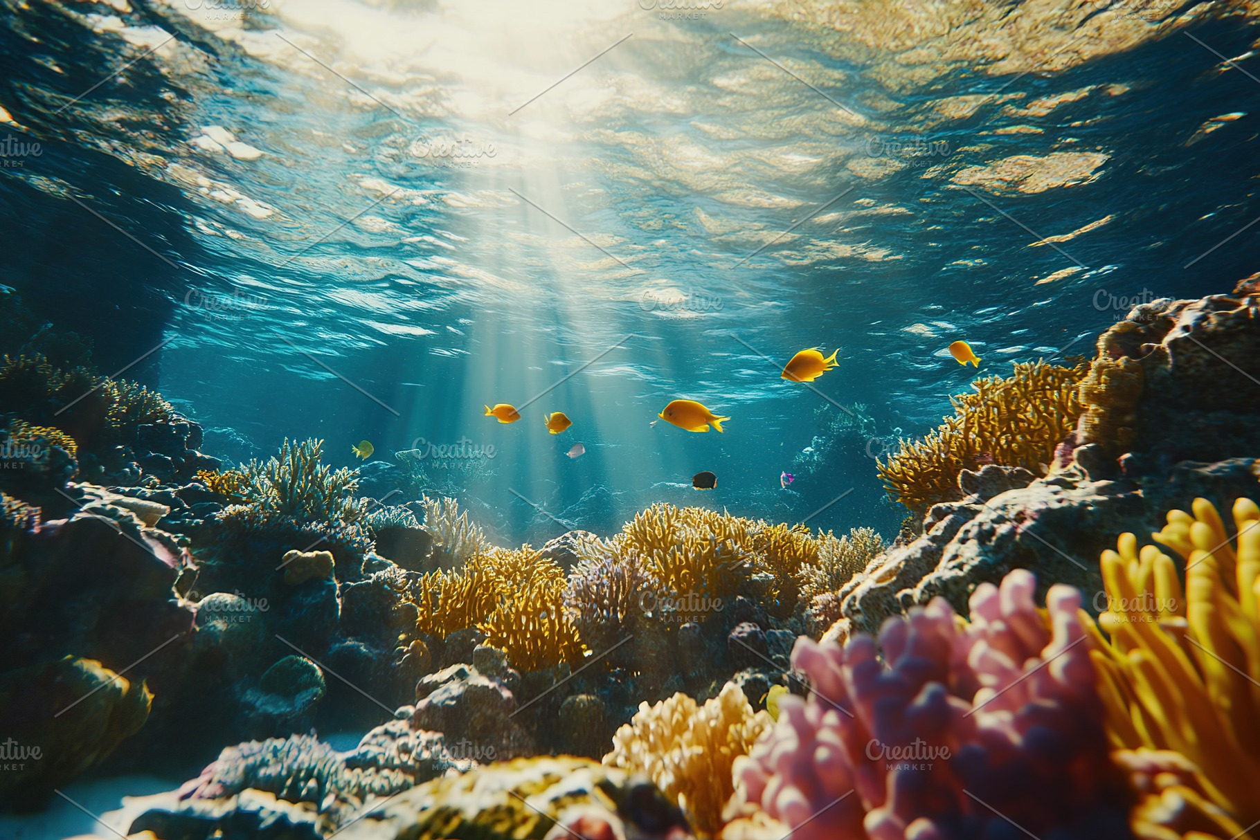 Colorful coral reef teeming with vibrant fish under clear water at midday, a Photo by AlyaAnd