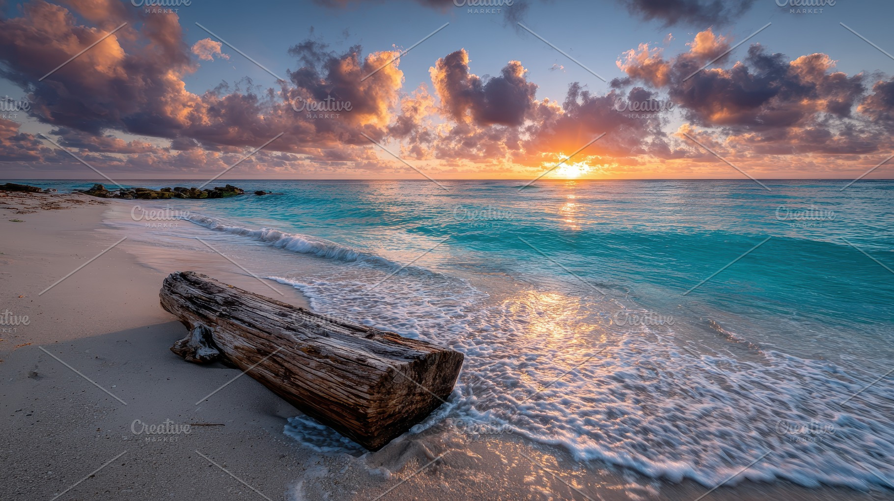Driftwood on Tropical Beach Sunrise, a Photo by Pixeness Studio