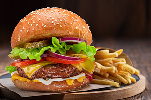 Tasty cheeseburger and french fries on wooden tray close-up., a Food & Drink Photo by Volff