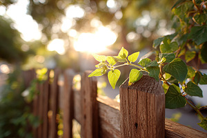 Wooden fence adorned with vibrant vines and flowers softly illuminated by sunli, a Photo by AlyaAnd