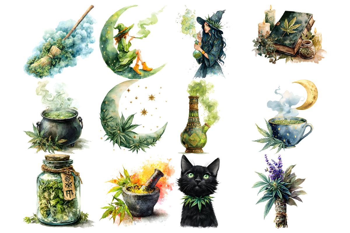 Watercolor Witches Cannabis Clipart, a Decorative Illustration by stickermadness (Photo 3 of 4)