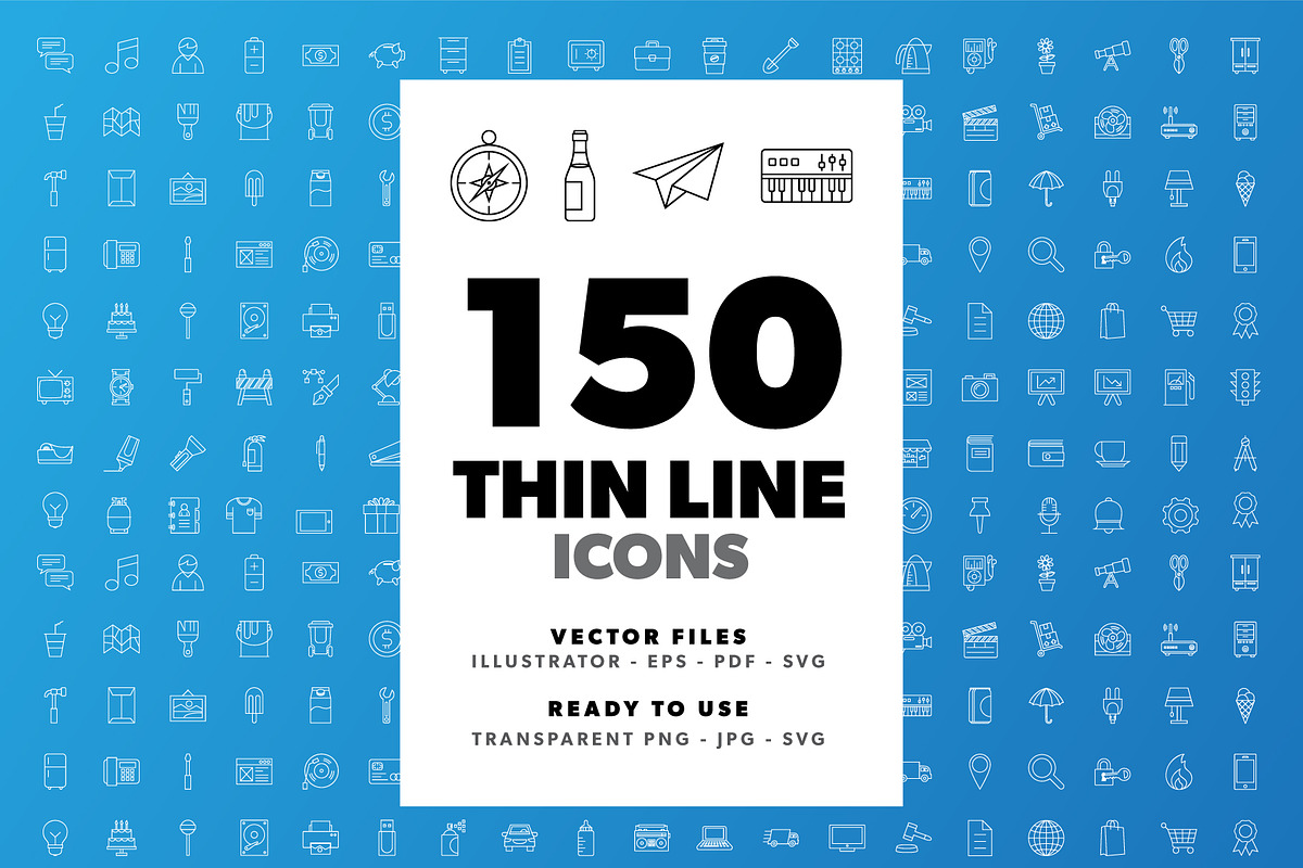 150 Thin Line Icons, an Outline Icon by doghead (Photo 1 of 4)
