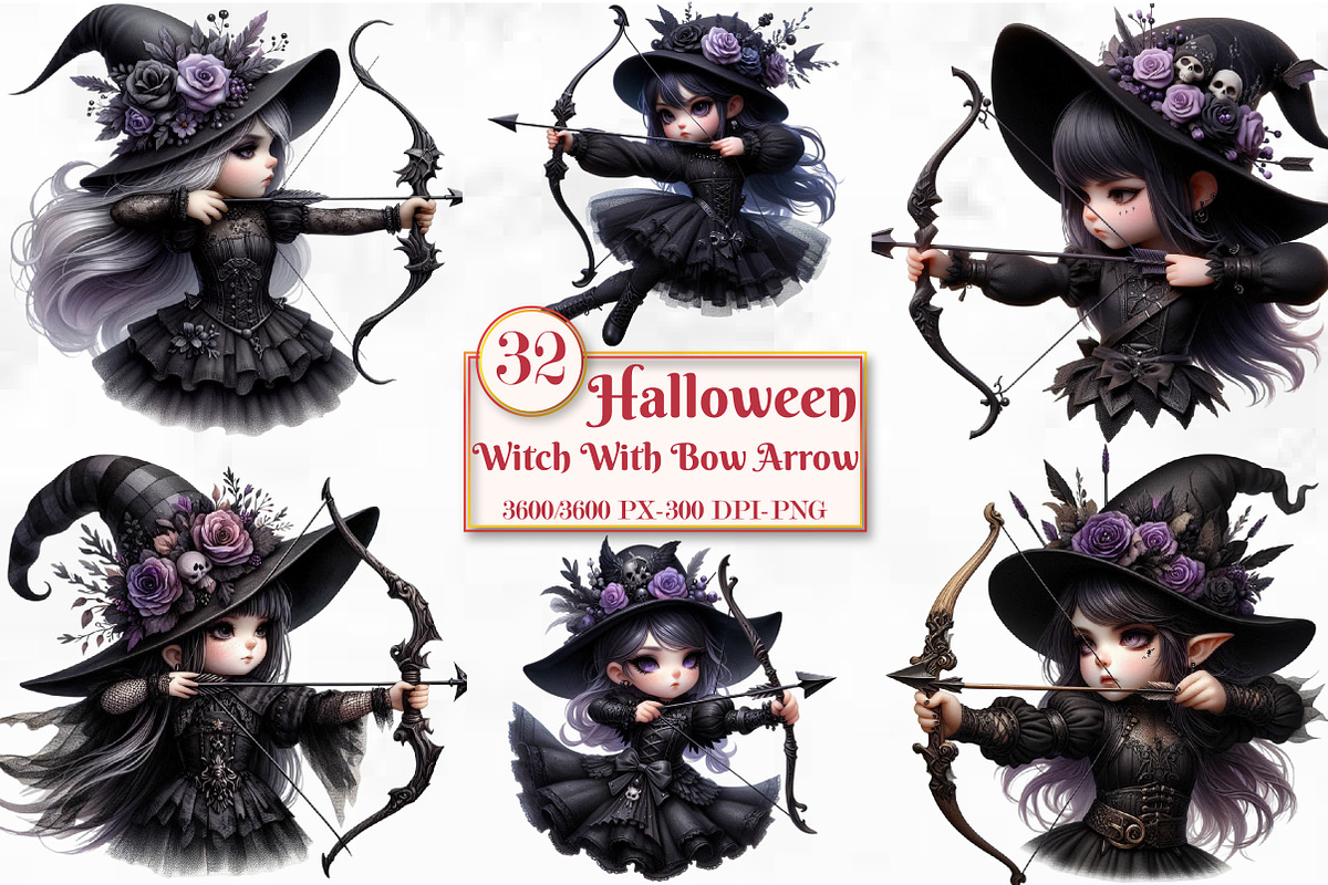 Halloween Witch With Bow Arrow, a Seasonal Illustration by Craft Nest (Photo 1 of 5)